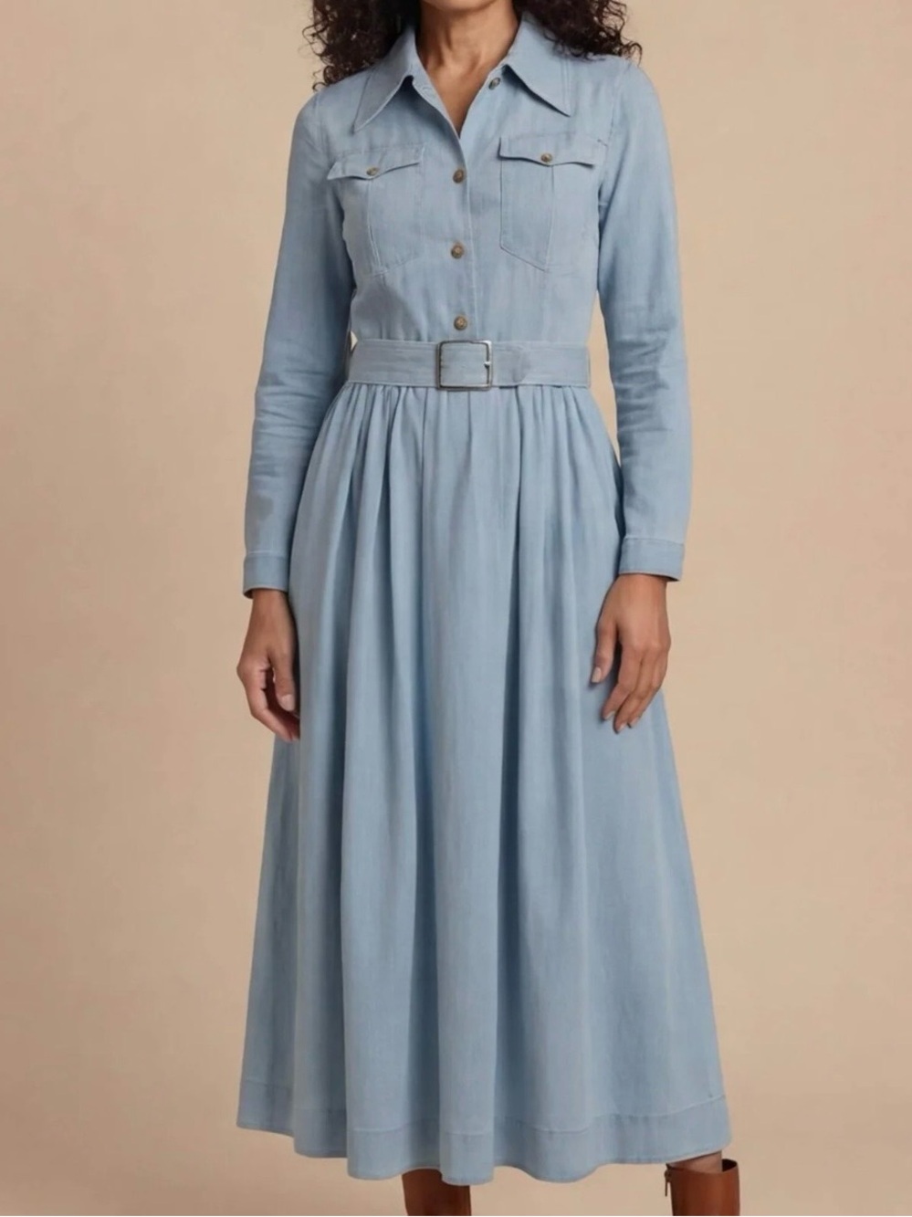 Light Blue Denim Shirt Dress with Belt
